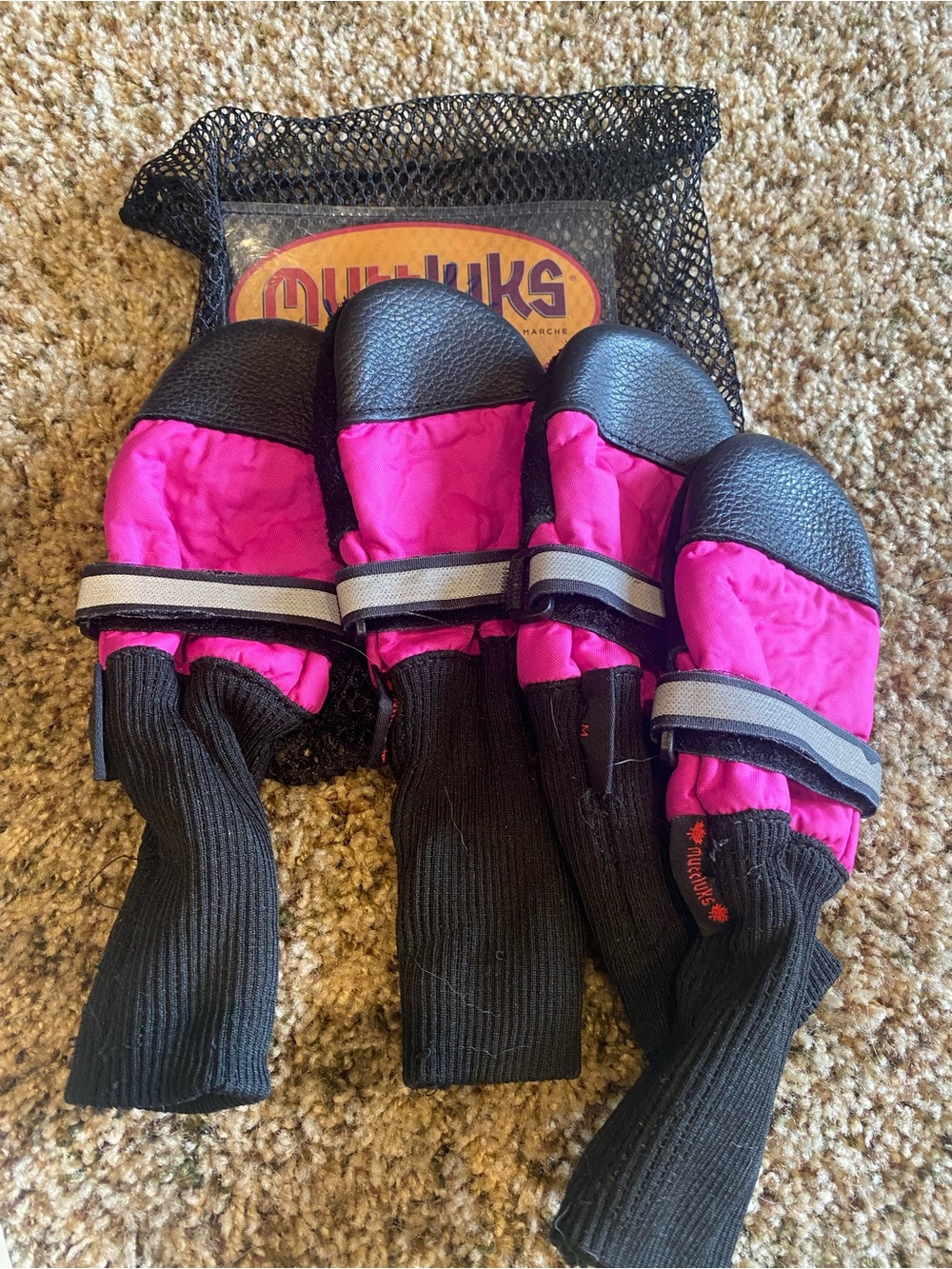Muttluks Pink Waterproof Dog Booties with Reflective Strap - Size Medium